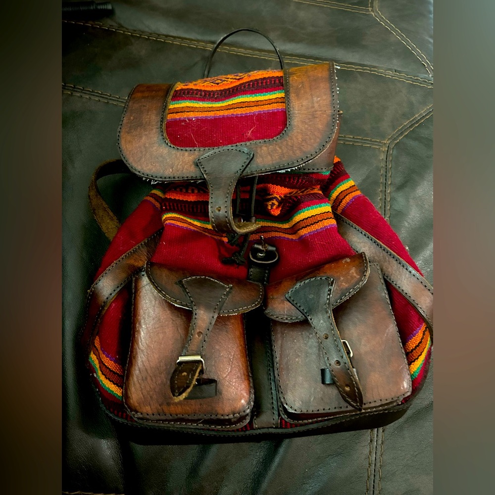 Tooled Leather and Colorful Tweed Backpack